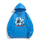 Blue long sleeve hoodie with hood, drawstring, kangaroo pocket, front graphic