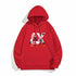 Red long sleeve hoodie with hood, drawstring, kangaroo pocket, front graphic