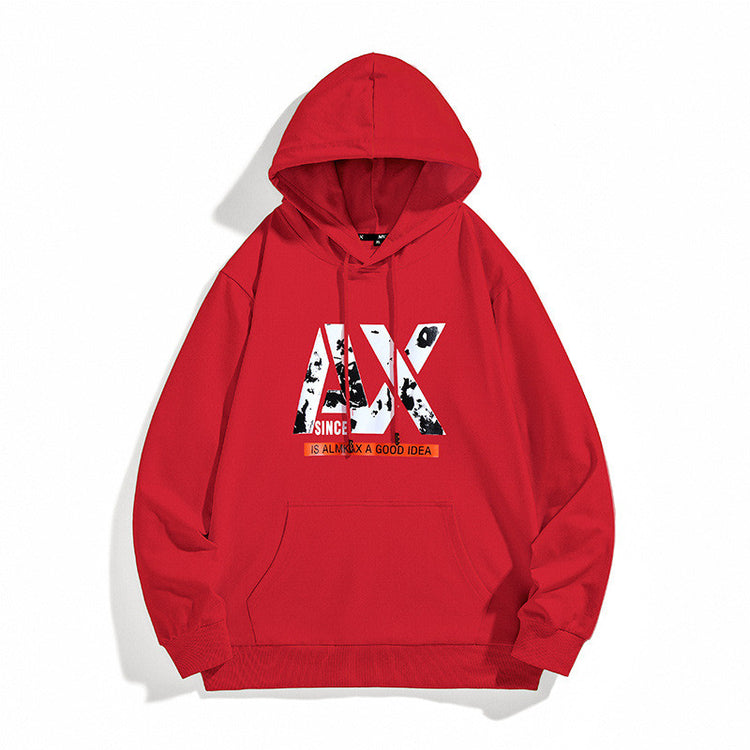 Red long sleeve hoodie with hood, drawstring, kangaroo pocket, front graphic