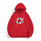 Red long sleeve hoodie with hood, drawstring, kangaroo pocket, front graphic