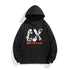 Black long sleeve hoodie with hood, drawstring, kangaroo pocket, front graphic
