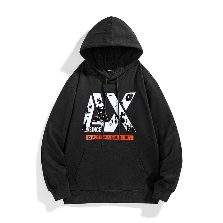 Black long sleeve hoodie with hood, drawstring, kangaroo pocket, front graphic