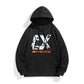 Black long sleeve hoodie with hood, drawstring, kangaroo pocket, front graphic