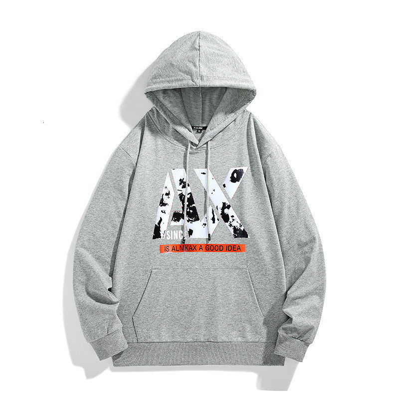Light gray long sleeve hoodie with hood, drawstring, kangaroo pocket, front graphic