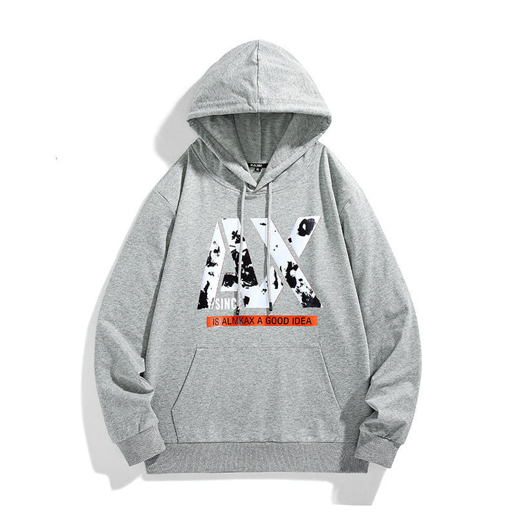 Light gray long sleeve hoodie with hood, drawstring, kangaroo pocket, front graphic