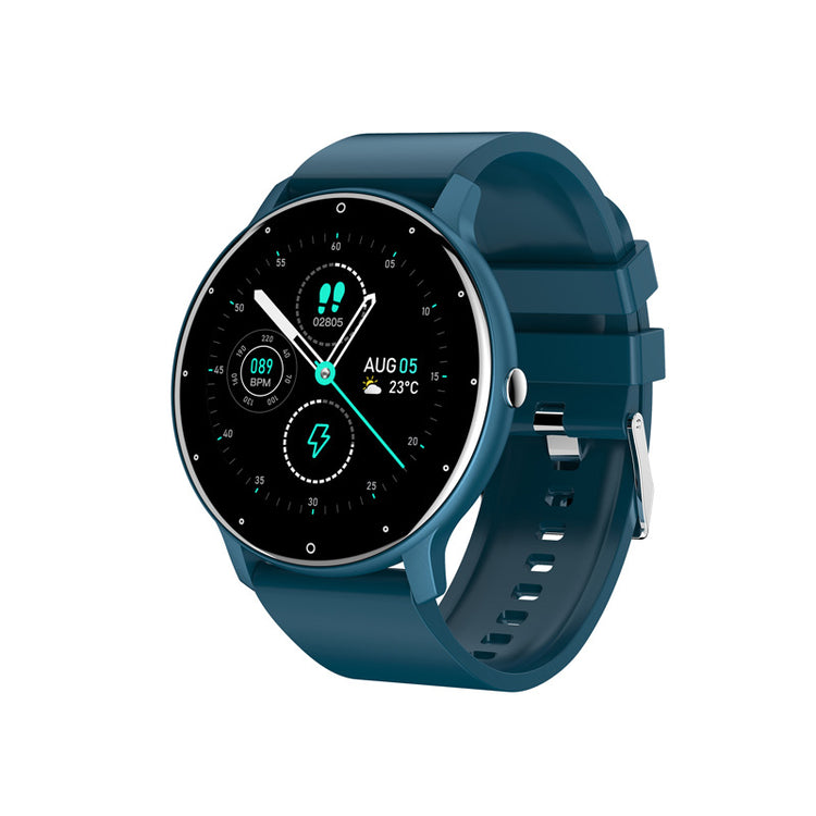 PulseMate Pro smartwatch with blue silicone strap, round dark display with icons