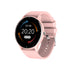 PulseMate Pro smartwatch with pink silicone strap, round dark screen with date panel