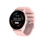 PulseMate Pro smartwatch with pink silicone strap, round dark screen with date panel