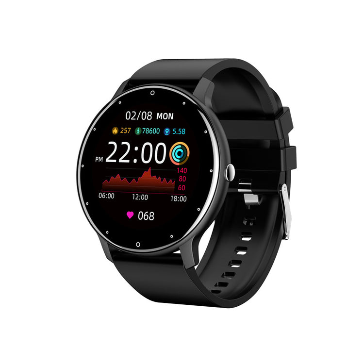 PulseMate Pro smartwatch on black silicone strap, round face with activity graphs