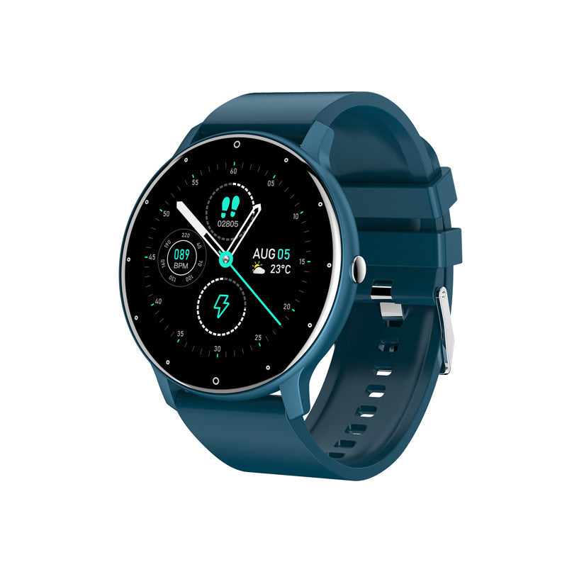 PulseMate Pro smartwatch with blue silicone strap, round face with activity dials