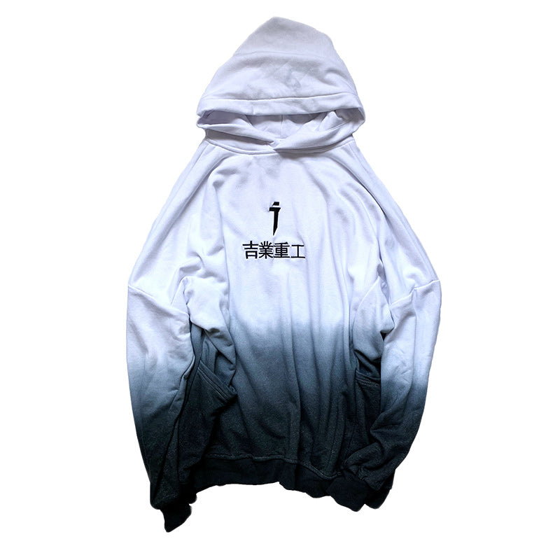 Gradient hoodie with hood and kangaroo pocket, front chest print in dark ink.
