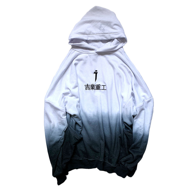 Gradient hoodie with hood and kangaroo pocket, front chest print in dark ink.