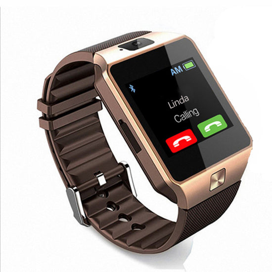 Smart watch with phone screen, bronze case, dark brown silicone strap