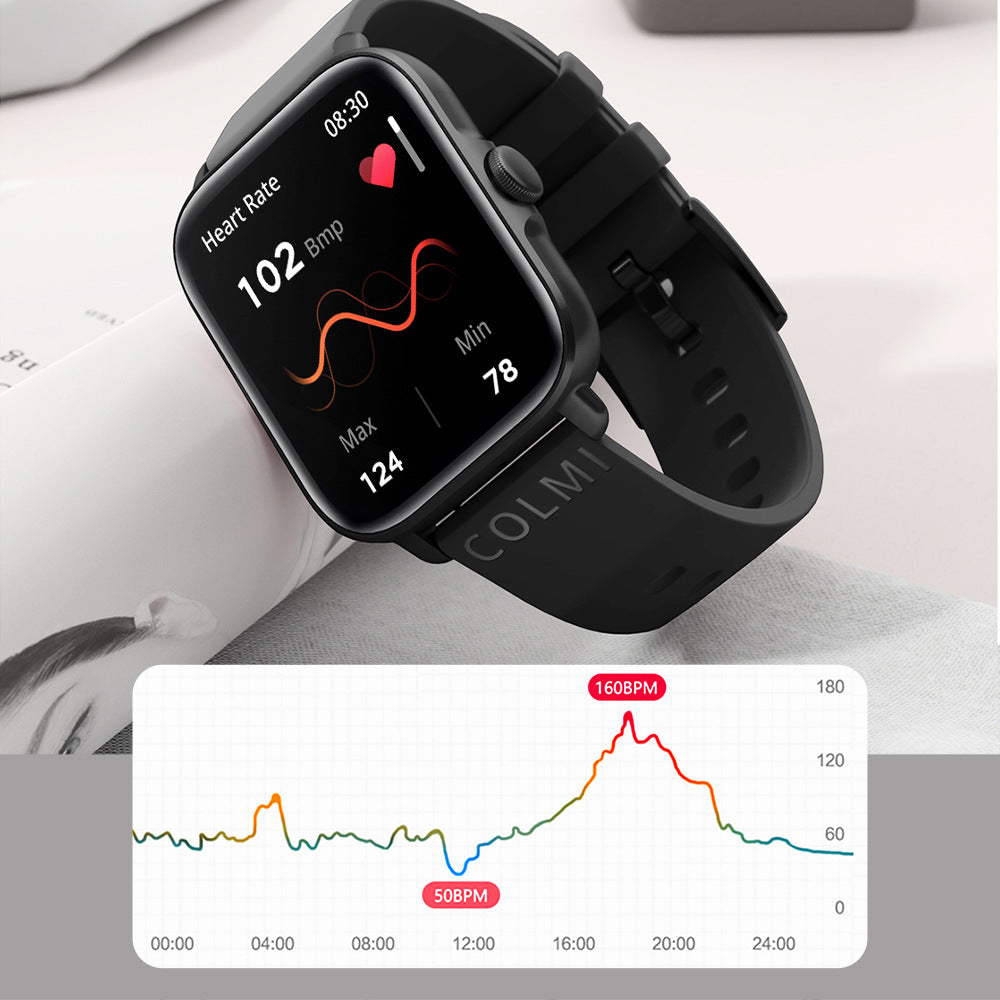 Waterproof smartwatch with black strap and case, heart-rate chart on display
