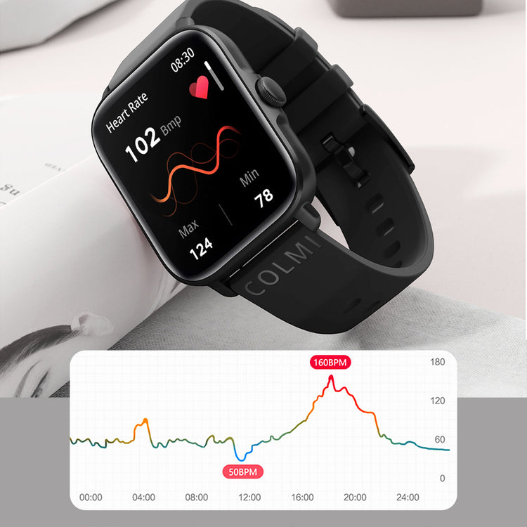 Waterproof smartwatch with black strap and case, heart-rate chart on display