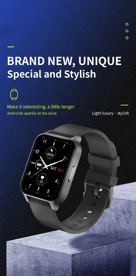 Smartwatch with dark display and black strap, square face with minimal indicators