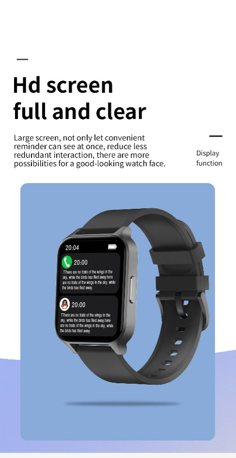 Smartwatch with black strap and front square color screen, display text on the face