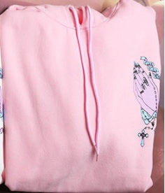 Pink prayer hands hoodie with drawstring hood, kangaroo pocket, printed prayer-hands graphic