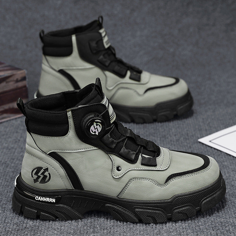 Men’s high-top casual shoes in light gray/white with black laces and chunky tread