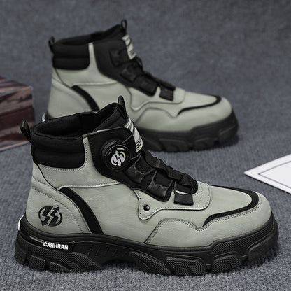 Men’s high-top casual shoes in light gray/white with black laces and chunky tread