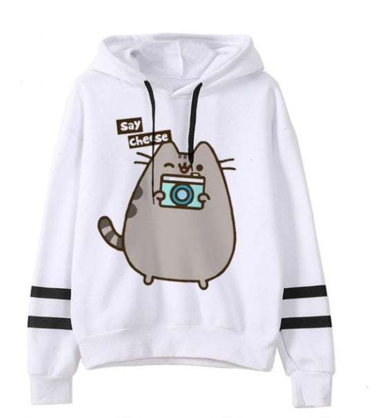 White fleece hoodie with cat graphic, black drawstrings, and striped sleeve cuffs