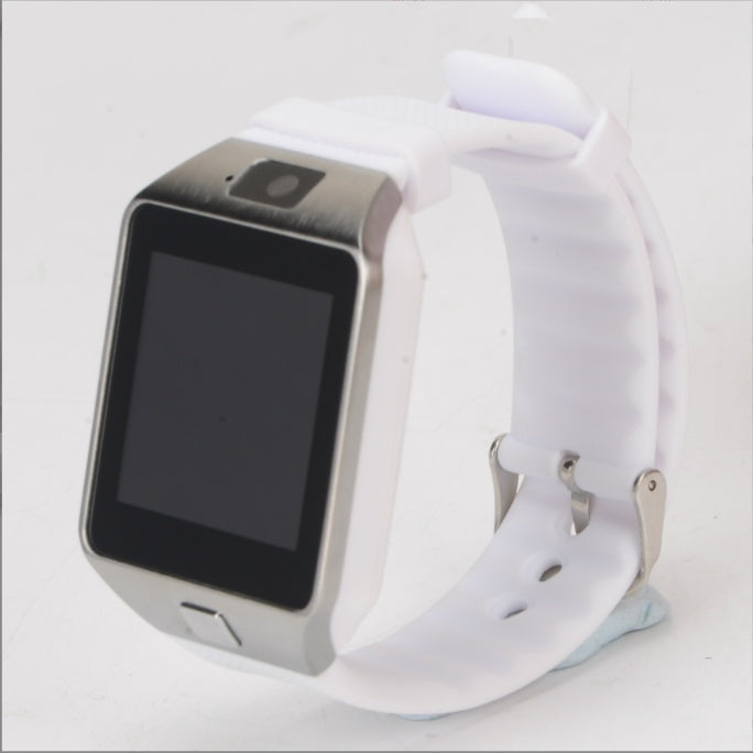 Silver smart watch with white rubber strap and touch screen display