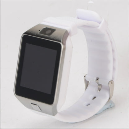 Silver smart watch with white rubber strap and touch screen display