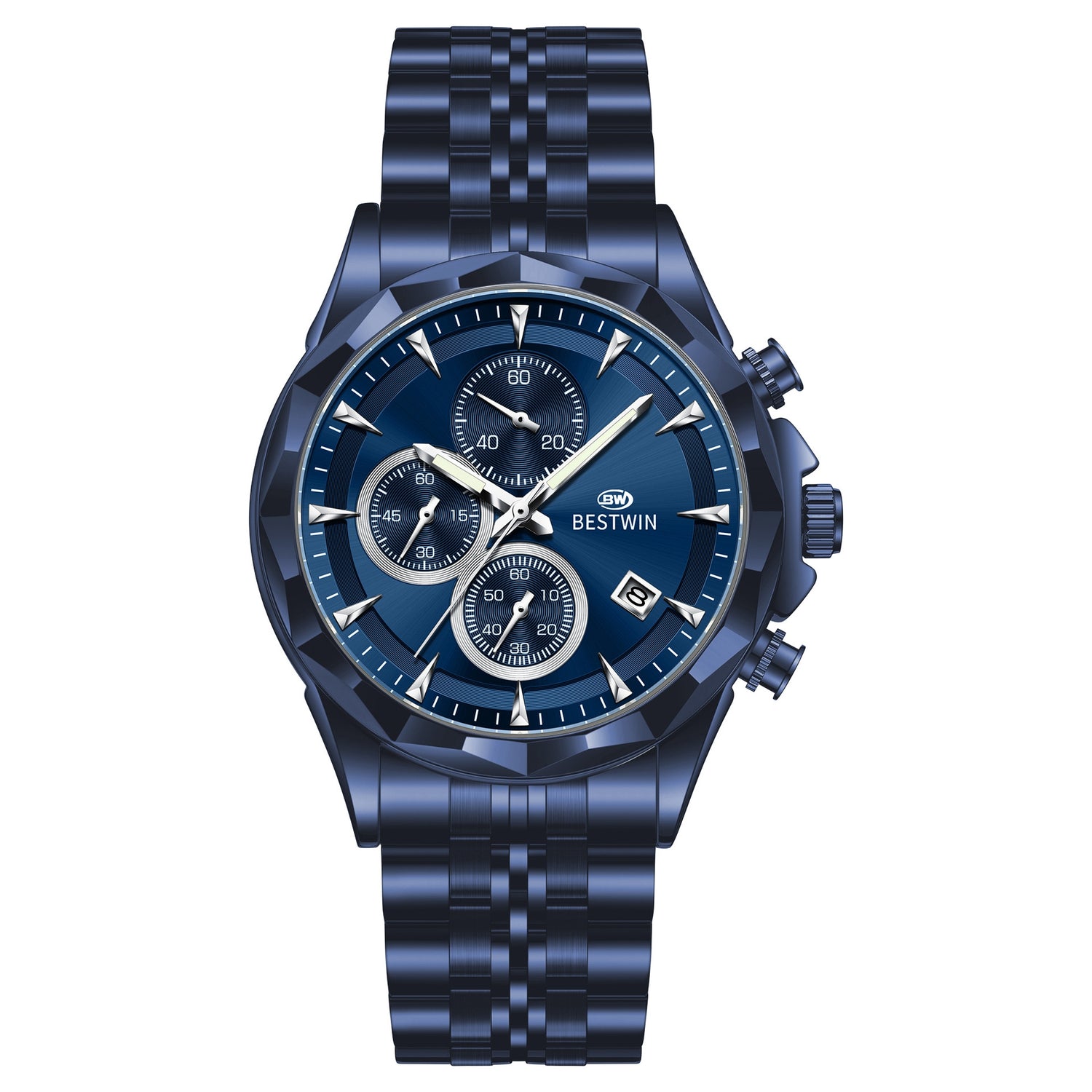 Luminous six-hand chronograph watch with blue dial and blue metal bracelet
