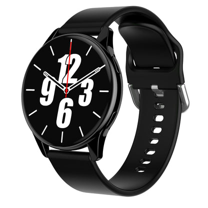 Smartwatch with black silicone band, round black face showing analog time and red second hand.