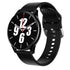 Smartwatch with black silicone band, round black face showing analog time and red second hand.