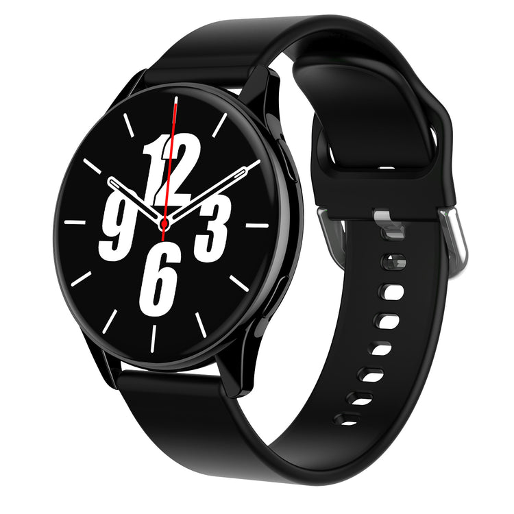Smartwatch with black silicone band, round black face showing analog time and red second hand.