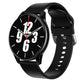 Smartwatch with black silicone band, round black face showing analog time and red second hand.