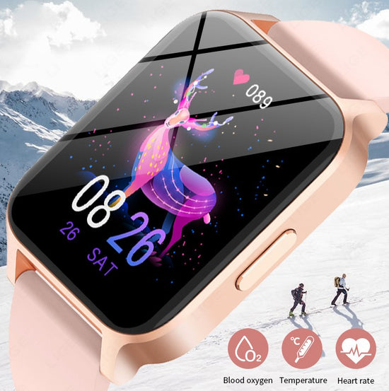 Smartwatch with light pink silicone band and square HD color screen, fitness icons shown