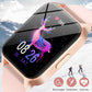 Smartwatch with light pink silicone band and square HD color screen, fitness icons shown