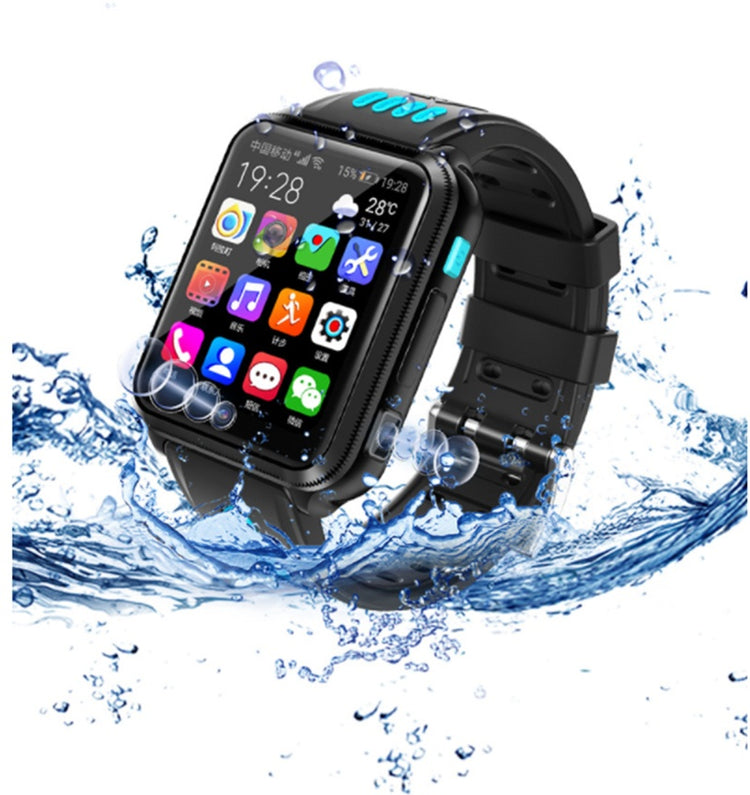Children phone watch with black case and splash-resistant design