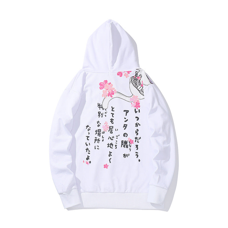 White cat print hoodie with pink cat and flower graphic, hood and ribbed hem