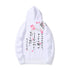 White cat print hoodie with pink cat and flower graphic, hood and ribbed hem
