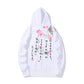 White cat print hoodie with pink cat and flower graphic, hood and ribbed hem