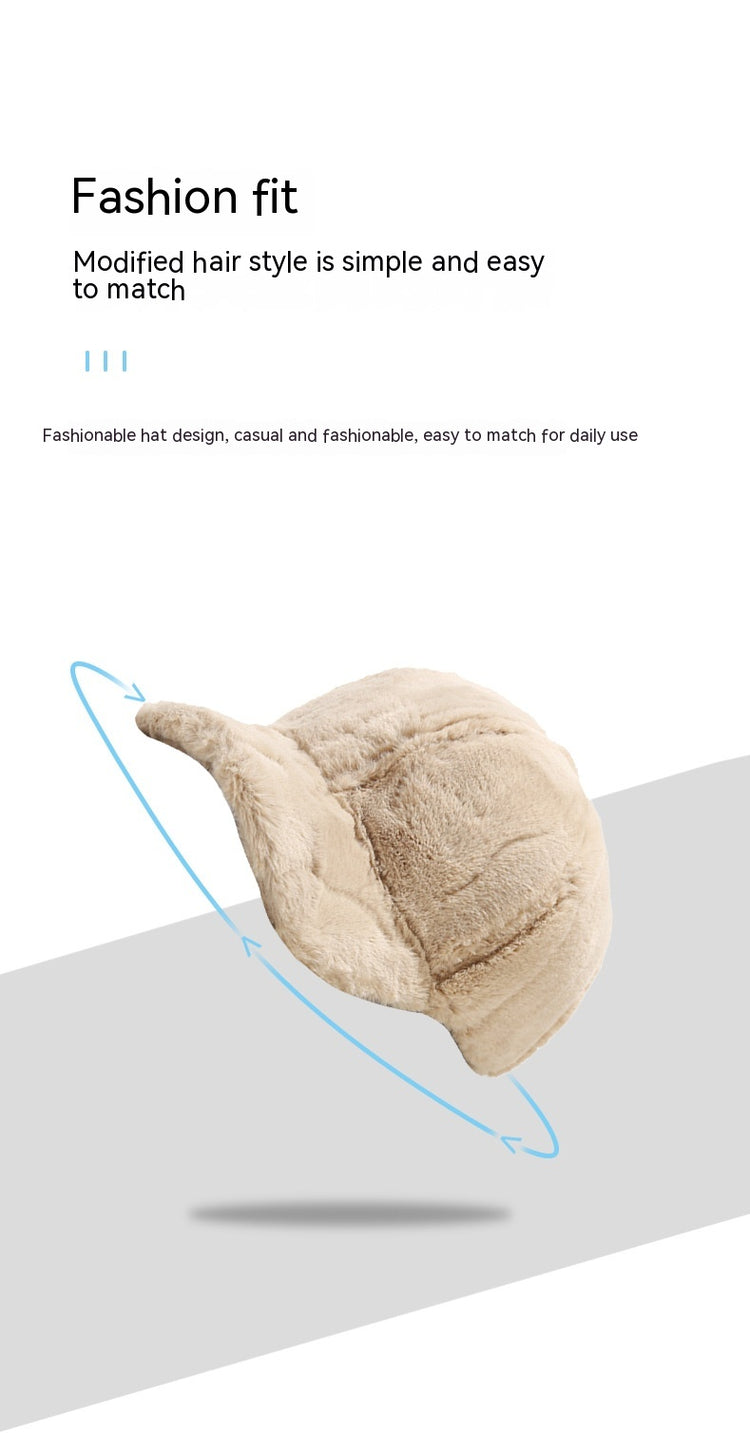Plush fleece baseball cap with rabbit-fur look, light khaki, curved brim, angled view