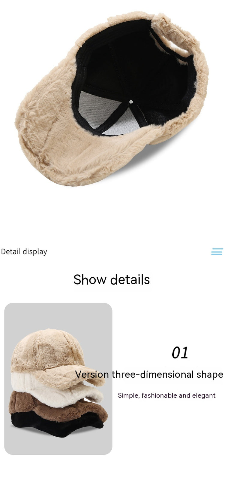 Plush fleece baseball cap with rabbit-fur look, beige exterior, open interior with black lining