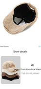 Plush fleece baseball cap with rabbit-fur look, beige exterior, open interior with black lining
