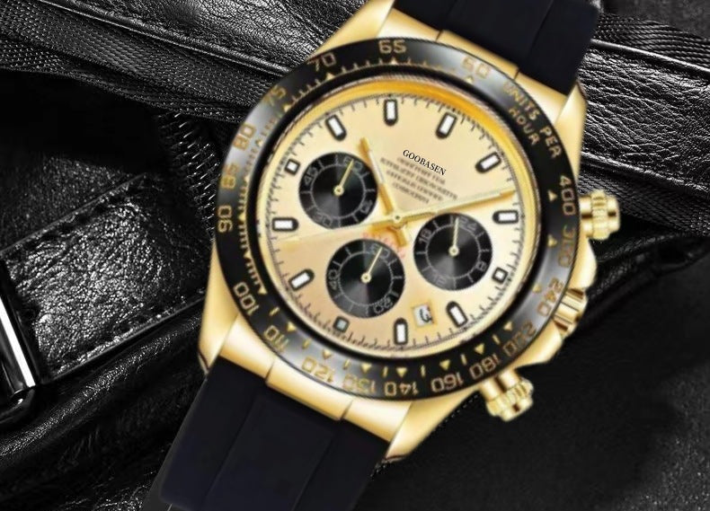 Gold-tone mechanical-style men’s watch with black dial and black leather strap
