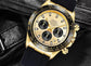 Gold-tone mechanical-style men’s watch with black dial and black leather strap
