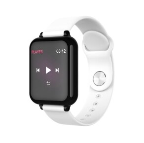 White smart sports watch with square screen and media player controls