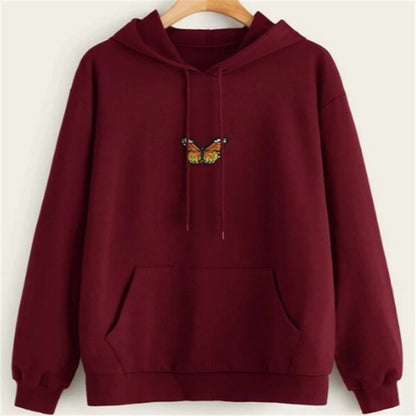 Butterfly-embroidered burgundy hoodie with kangaroo pocket and drawstring hood