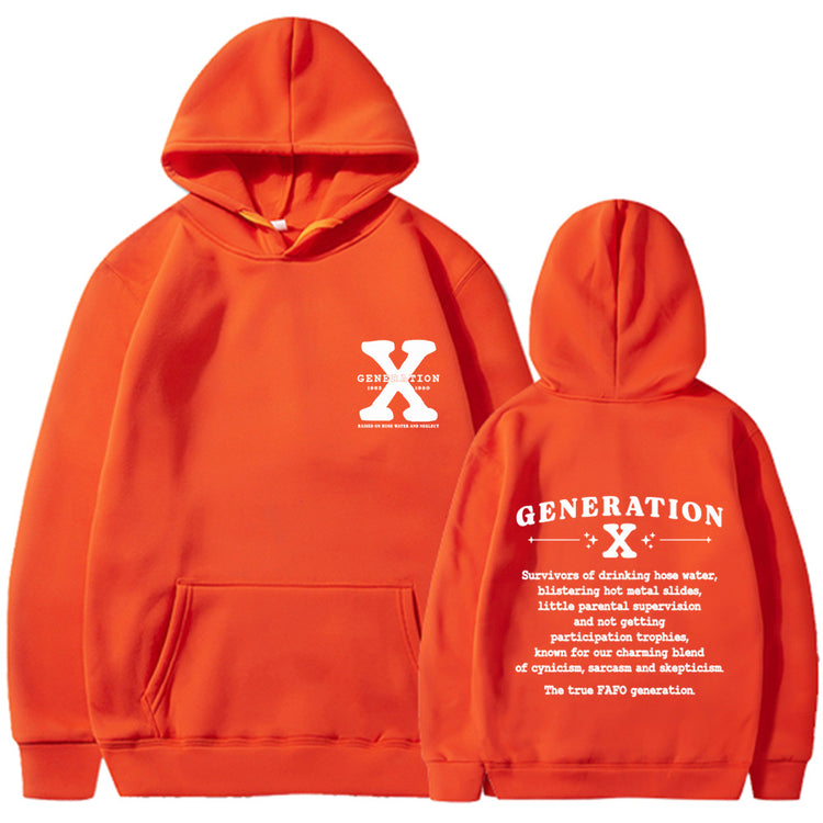Loose hoodie in bright orange with hood, front pouch pocket, and chest/back graphic print.