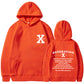 Loose hoodie in bright orange with hood, front pouch pocket, and chest/back graphic print.