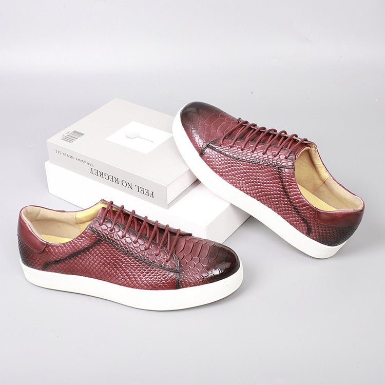 Lace-up embossed leather casual shoes in brick red with white rubber sole