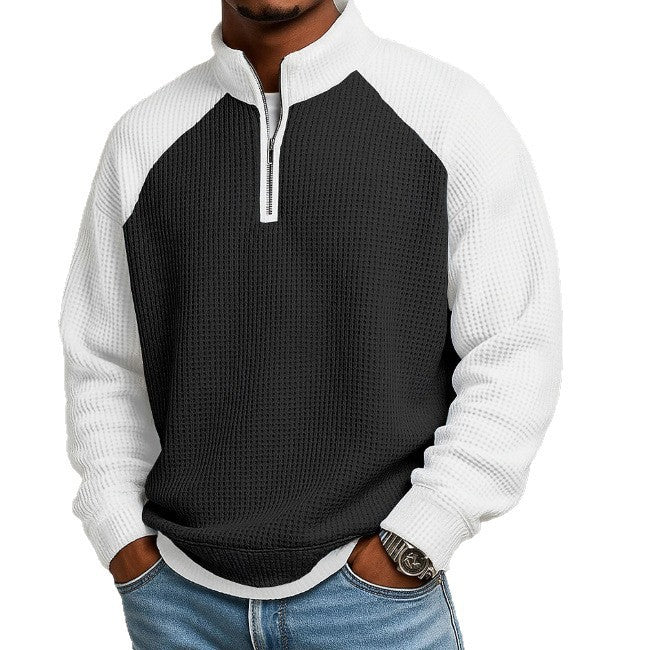 Color-block half-zip long-sleeve polo shirt in black and white