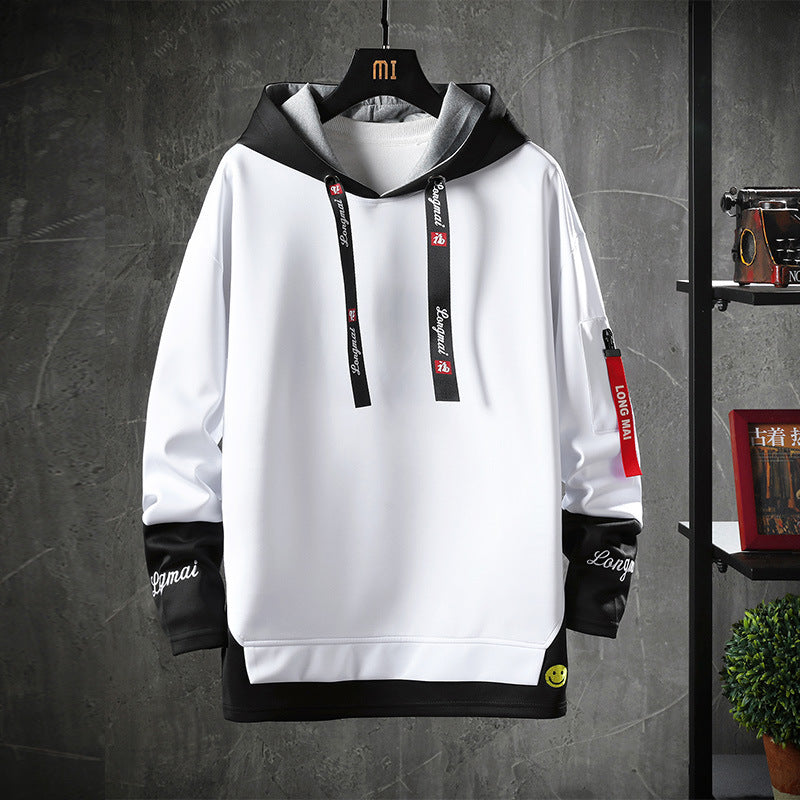 White hoodie sweater with hood, black drawstrings, kangaroo pocket, contrast inner cuffs